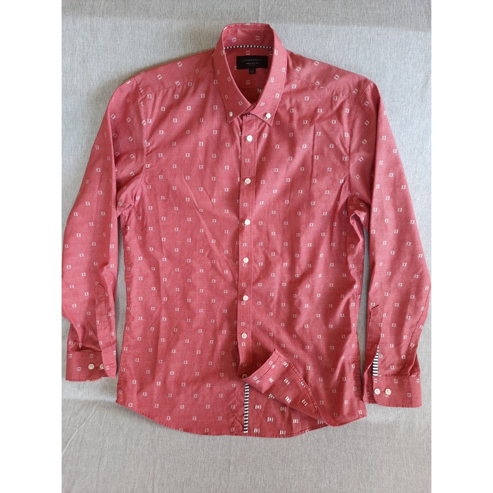 LINDBERGH Black Label Men's Medium Geometric Button Shirt Long Sleeve Red Cotton